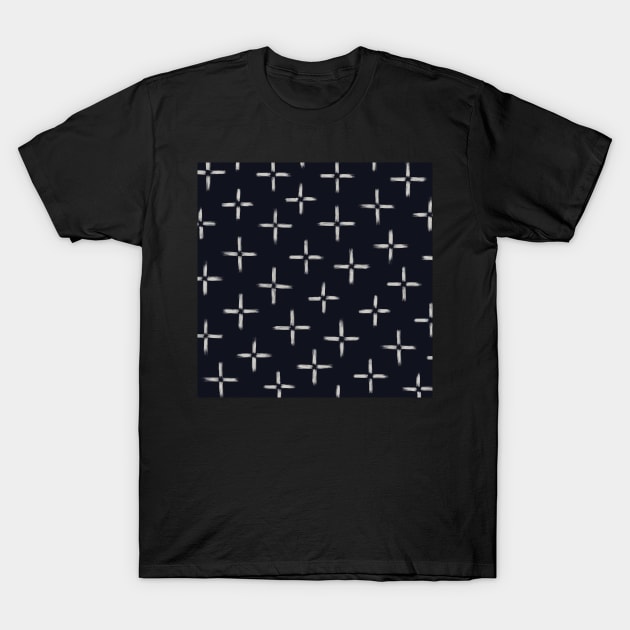 Traditional Japanese Vintage Ink Brush Cross Pattern in Navy Indigo T-Shirt by Charredsky